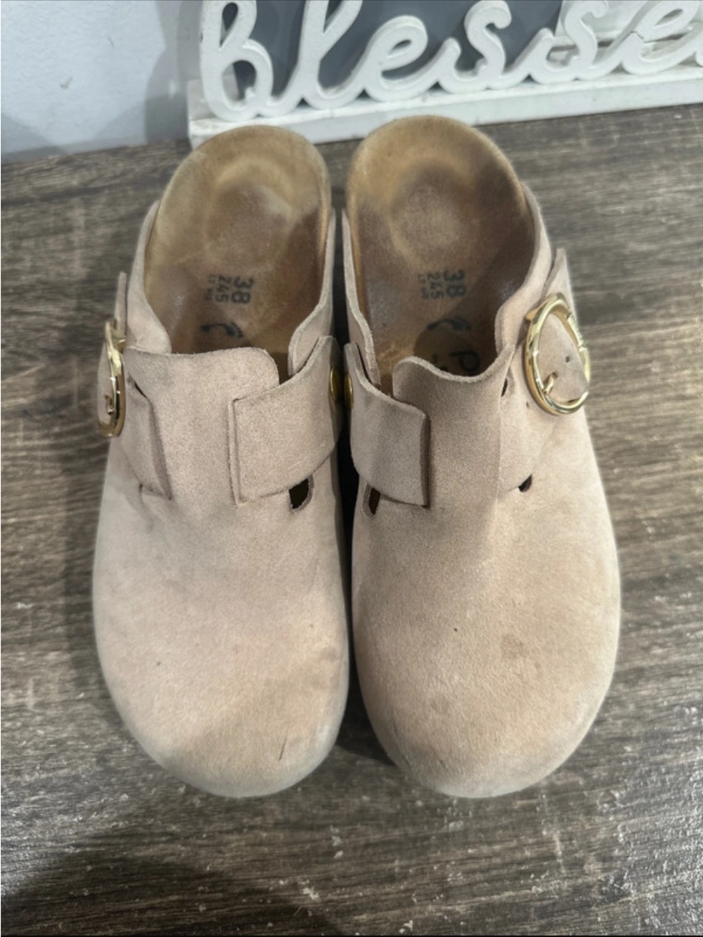 WomenSuede Clog with Gold Buckle - Beige